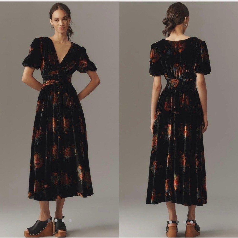 Anthropologie Katerina Button Front Velvet Edition in black Floral M witchy fall